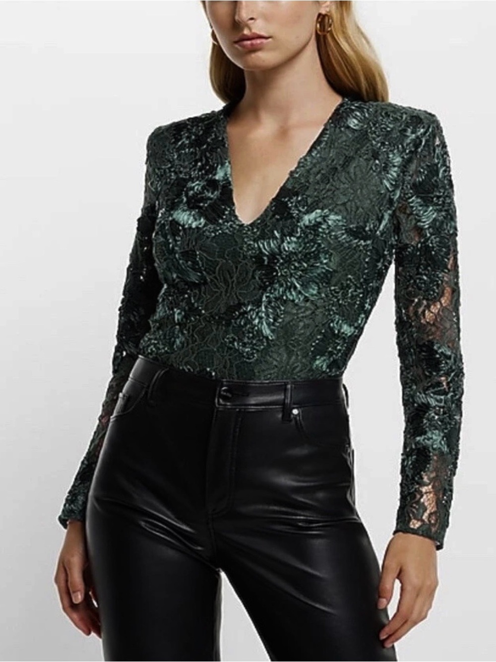 Express Hunter Green Satin Lace Floral Applique Thong Bodysuit NWT S Elegant